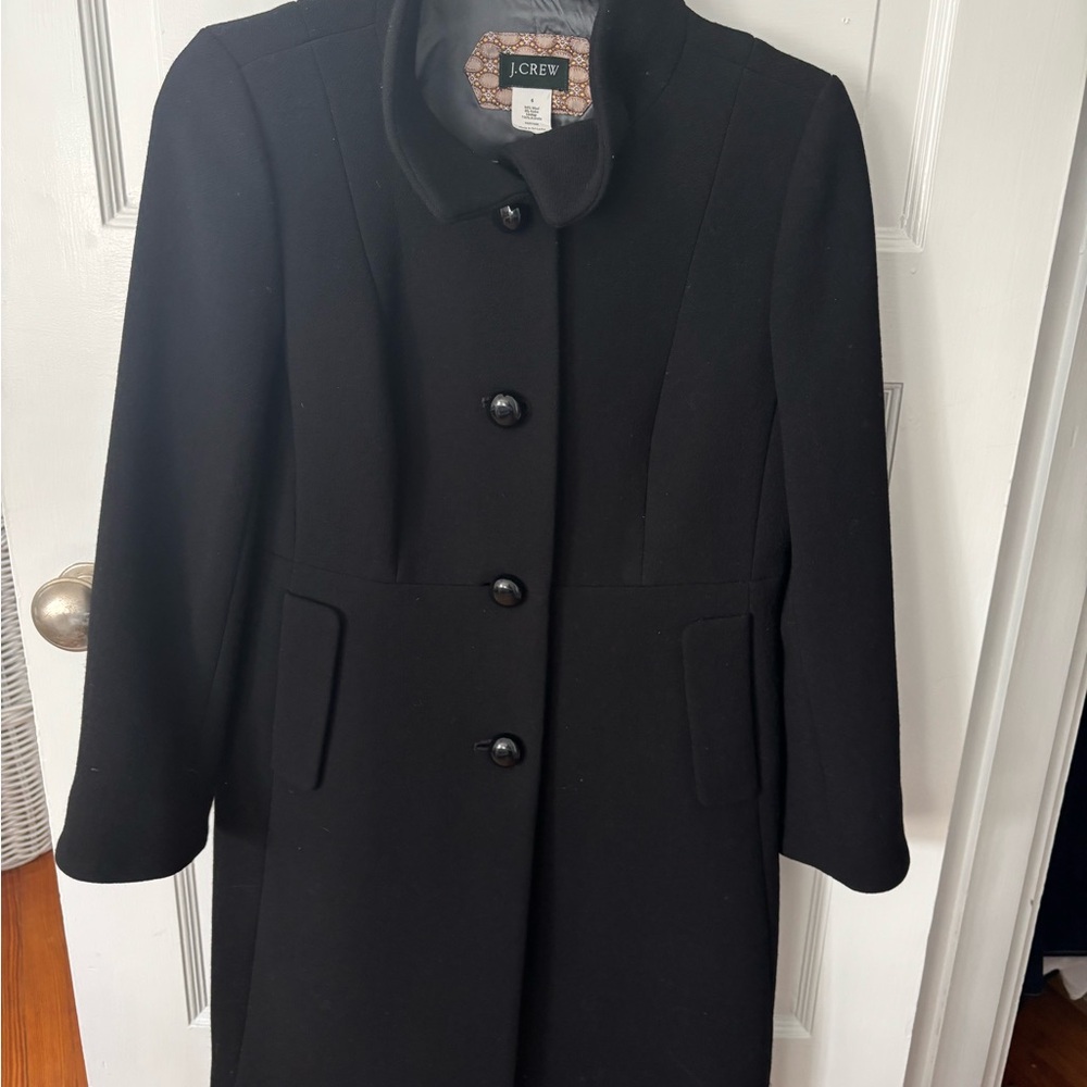 J. Crew Black Wool Blend Mid Length Button Front Coat Women’s Size 6